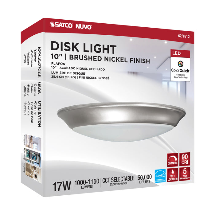 SATCO/NUVO 17W 10 Inch LED Disk Light CCT Selectable 2700K/3000K/3500K/4000K/5000K Brushed Nickel Finish (62-1812)