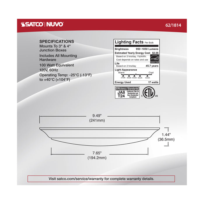 SATCO/NUVO 17W 10 Inch LED Disk Light CCT Selectable 2700K/3000K/3500K/4000K/5000K Black Finish (62-1814)