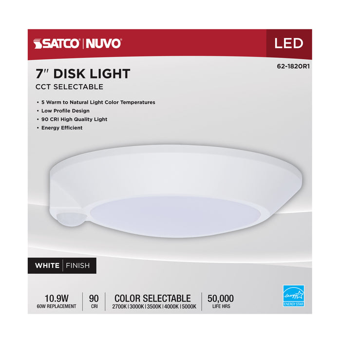 SATCO/NUVO 7 Inch LED Disk Light CCT Selectable 2700K/3000K/3500K/4000K/5000K Occupancy Sensor White Finish (62-1820R1)