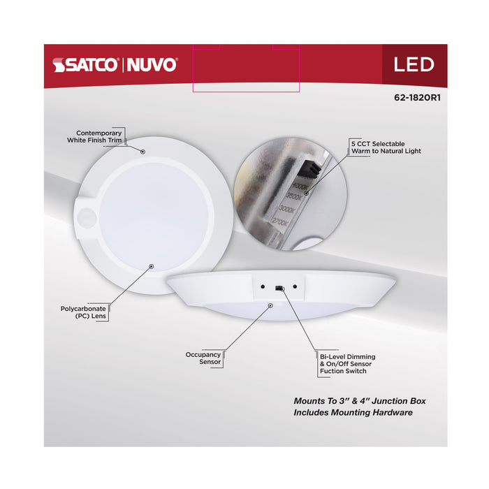 SATCO/NUVO 7 Inch LED Disk Light CCT Selectable 2700K/3000K/3500K/4000K/5000K Occupancy Sensor White Finish (62-1820R1)