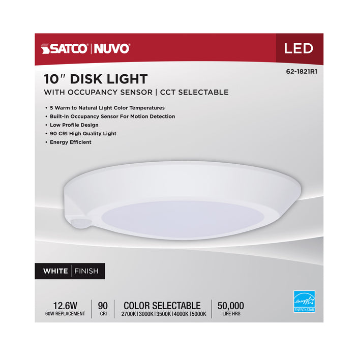 SATCO/NUVO 10 Inch LED Disk Light CCT Selectable 2700K/3000K/3500K/4000K/5000K Occupancy Sensor White Finish (62-1821R1)