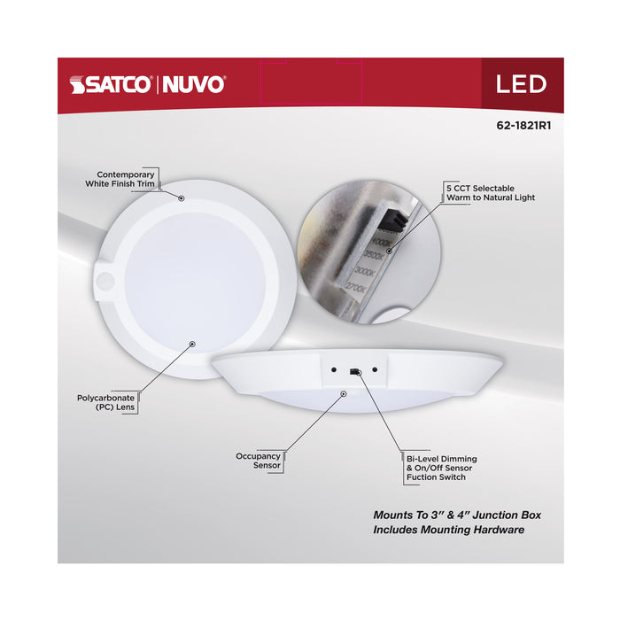 SATCO/NUVO 10 Inch LED Disk Light CCT Selectable 2700K/3000K/3500K/4000K/5000K Occupancy Sensor White Finish (62-1821R1)