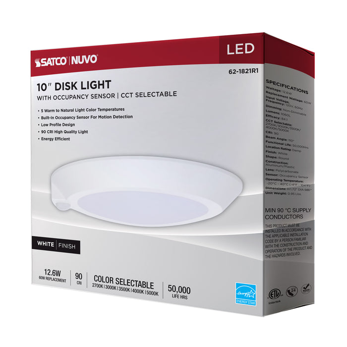 SATCO/NUVO 10 Inch LED Disk Light CCT Selectable 2700K/3000K/3500K/4000K/5000K Occupancy Sensor White Finish (62-1821R1)