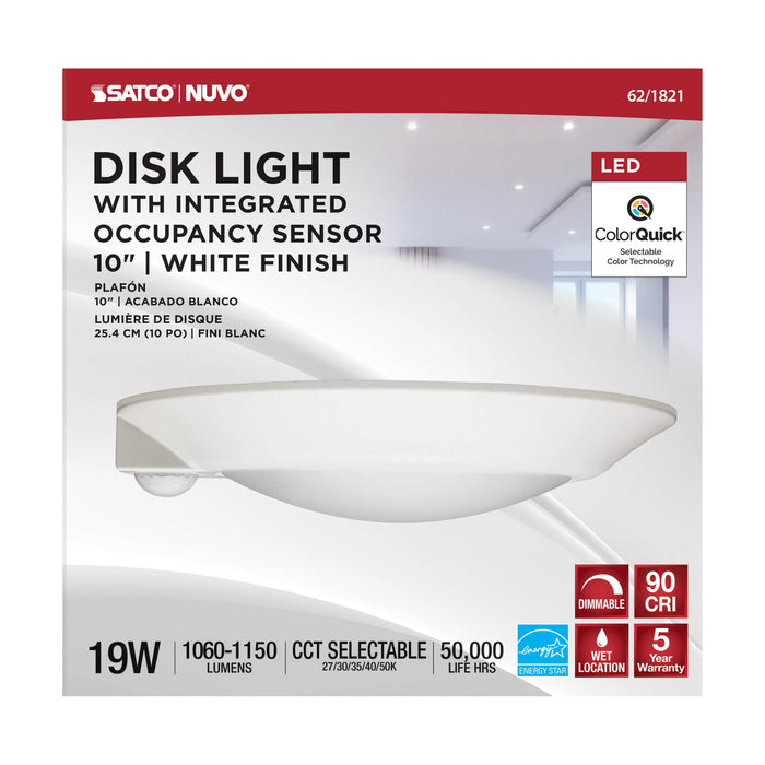 SATCO/NUVO 10 Inch LED Disk Light Fixture With Occupancy Sensor White Finish CCT Selectable (62-1821)