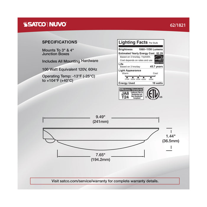 SATCO/NUVO 10 Inch LED Disk Light Fixture With Occupancy Sensor White Finish CCT Selectable (62-1821)