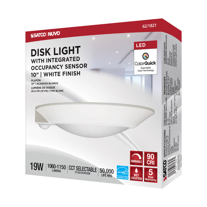 SATCO/NUVO 10 Inch LED Disk Light Fixture With Occupancy Sensor White Finish CCT Selectable (62-1821)