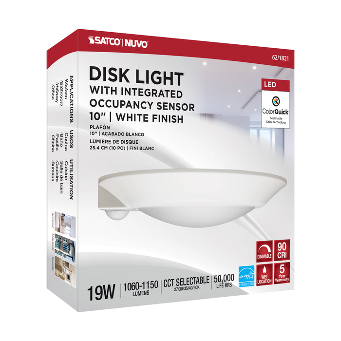 SATCO/NUVO 10 Inch LED Disk Light Fixture With Occupancy Sensor White Finish CCT Selectable (62-1821)