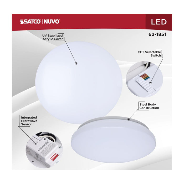 SATCO/NUVO 11 Inch LED Cloud Fixture With Sensor 11.5W CCT Selectable 2700K/3000K/3500K/4000K/5000K Round Shape White Finish 120V (62-1851)