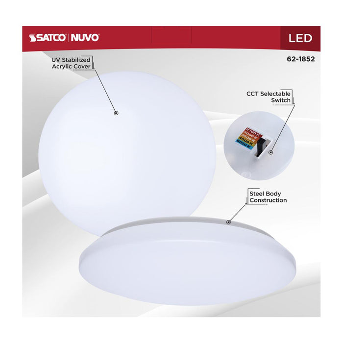 SATCO/NUVO 14 Inch LED Cloud Fixture 15W CCT Selectable 2700K/3000K/3500K/4000K/5000K Round Shape White Finish 120V (62-1852)