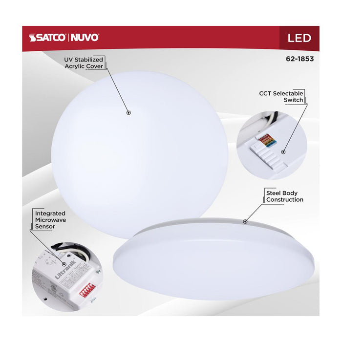 SATCO/NUVO 14 Inch LED Cloud Fixture With Sensor 17W CCT Selectable 2700K/3000K/3500K/4000K/5000K Round Shape White Finish 120V (62-1853)