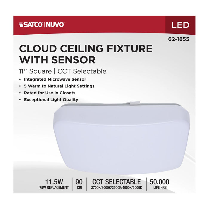 SATCO/NUVO 11 Inch LED Cloud Fixture With Sensor 11.5W CCT Selectable 2700K/3000K/3500K/4000K/5000K Square Shape White Finish 120V (62-1855)