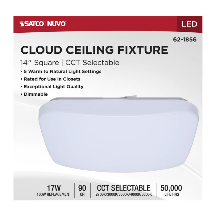 SATCO/NUVO 14 Inch LED Cloud Fixture 17W CCT Selectable 2700K/3000K/3500K/4000K/5000K Square Shape White Finish 120V (62-1856)