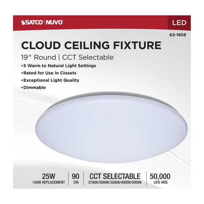 SATCO/NUVO 19 Inch LED Cloud Fixture 25W CCT Selectable 2700K/3000K/3500K/4000K/5000K Round Shape White Finish 120V (62-1858)