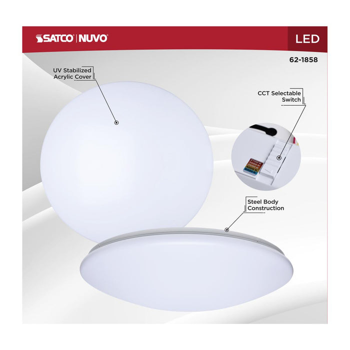 SATCO/NUVO 19 Inch LED Cloud Fixture 25W CCT Selectable 2700K/3000K/3500K/4000K/5000K Round Shape White Finish 120V (62-1858)