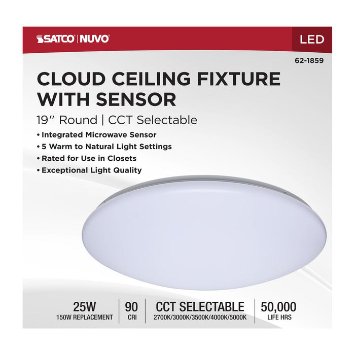 SATCO/NUVO 19 Inch LED Cloud Fixture With Sensor 25W CCT Selectable 2700K/3000K/3500K/4000K/5000K Round Shape White Finish 120V (62-1859)