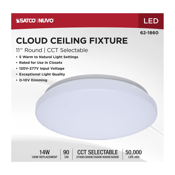 SATCO/NUVO 11 Inch LED Cloud Fixture 14W CCT Selectable 2700K/3000K/3500K/4000K/5000K White Finish Round Shape 120-277V (62-1860)