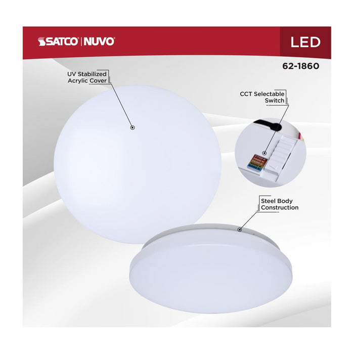 SATCO/NUVO 11 Inch LED Cloud Fixture 14W CCT Selectable 2700K/3000K/3500K/4000K/5000K White Finish Round Shape 120-277V (62-1860)