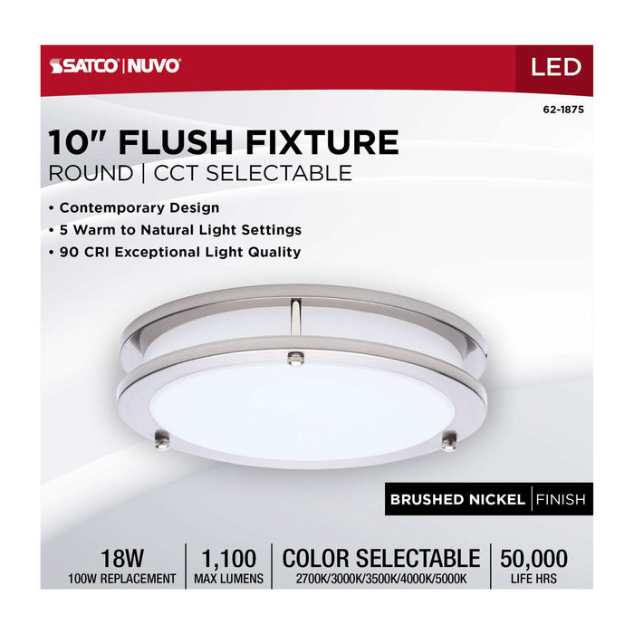 SATCO/NUVO Glamour LED 10 Inch Flush Mount CCT Selectable 2700K/3000K/3500K/4000K/5000K Brushed Nickel Finish (62-1875)