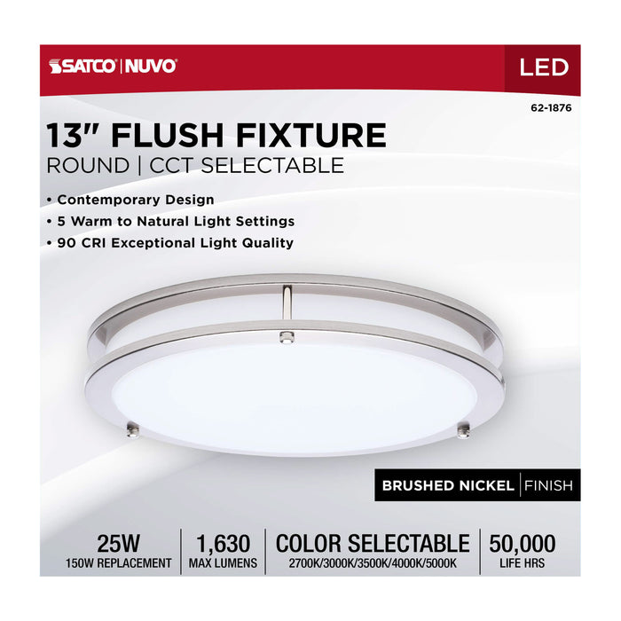 SATCO/NUVO Glamour LED 13 Inch Flush Mount CCT Selectable 2700K/3000K/3500K/4000K/5000K Brushed Nickel Finish (62-1876)