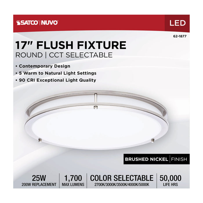 SATCO/NUVO Glamour LED 17 Inch Flush Mount CCT Selectable 2700K/3000K/3500K/4000K/5000K Brushed Nickel Finish (62-1877)