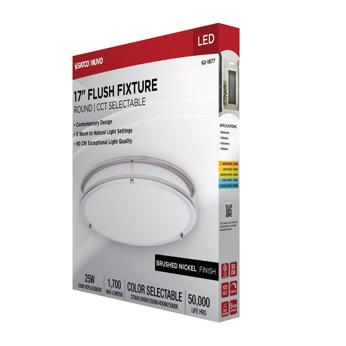 SATCO/NUVO Glamour LED 17 Inch Flush Mount CCT Selectable 2700K/3000K/3500K/4000K/5000K Brushed Nickel Finish (62-1877)