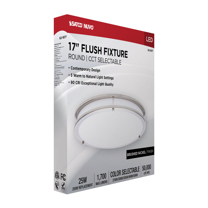 SATCO/NUVO Glamour LED 17 Inch Flush Mount CCT Selectable 2700K/3000K/3500K/4000K/5000K Brushed Nickel Finish (62-1877)