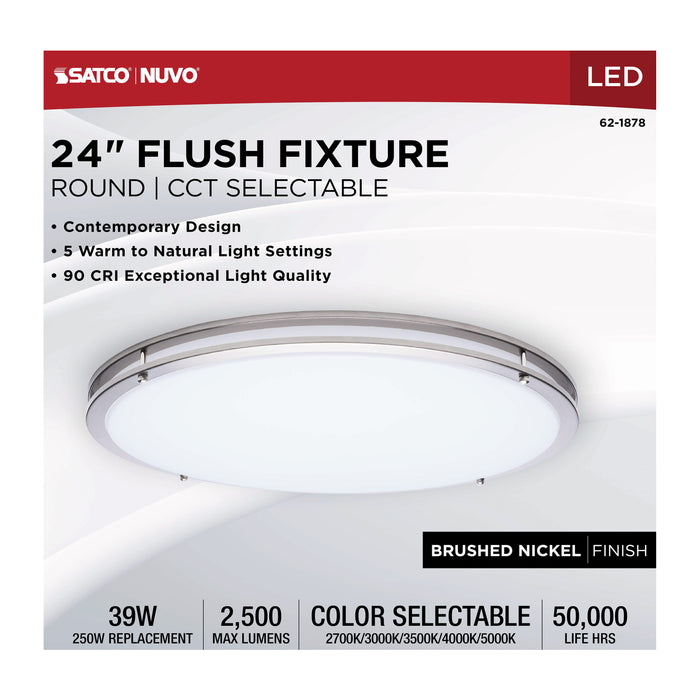SATCO/NUVO Glamour LED 24 Inch Flush Mount CCT Selectable 2700K/3000K/3500K/4000K/5000K Brushed Nickel Finish (62-1878)