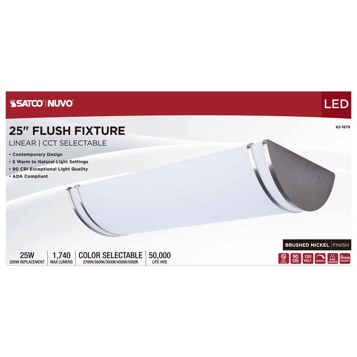 SATCO/NUVO Glamour LED 25 Inch Linear Flush Mount CCT Selectable 2700K/3000K/3500K/4000K/5000K Brushed Nickel Finish (62-1879)