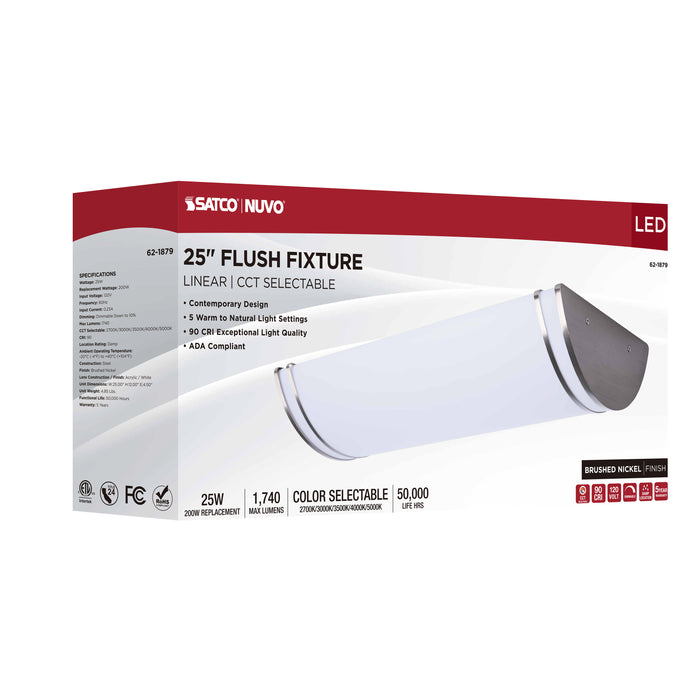SATCO/NUVO Glamour LED 25 Inch Linear Flush Mount CCT Selectable 2700K/3000K/3500K/4000K/5000K Brushed Nickel Finish (62-1879)