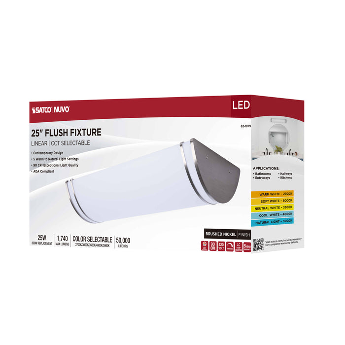 SATCO/NUVO Glamour LED 25 Inch Linear Flush Mount CCT Selectable 2700K/3000K/3500K/4000K/5000K Brushed Nickel Finish (62-1879)