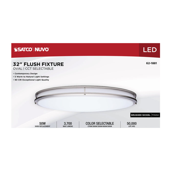 SATCO/NUVO Glamour LED 32 Inch Oval Flush Mount CCT Selectable 2700K/3000K/3500K/4000K/5000K Brushed Nickel Finish (62-1881)