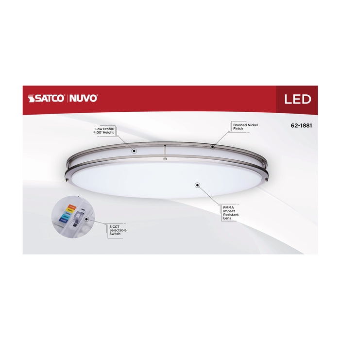 SATCO/NUVO Glamour LED 32 Inch Oval Flush Mount CCT Selectable 2700K/3000K/3500K/4000K/5000K Brushed Nickel Finish (62-1881)