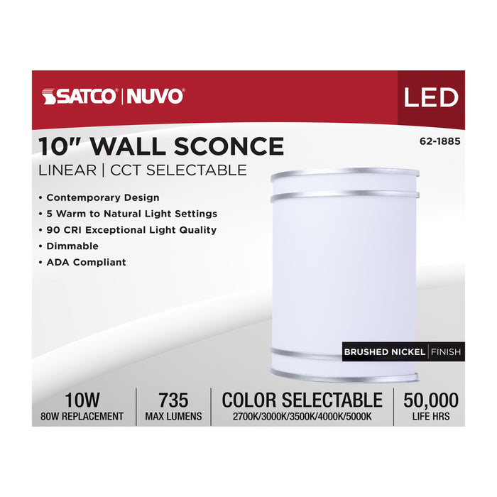 SATCO/NUVO Glamour LED Wall Sconce CCT Selectable 2700K/3000K/3500K/4000K/5000K Brushed Nickel Finish (62-1885)