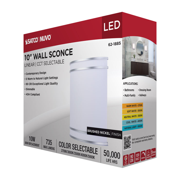 SATCO/NUVO Glamour LED Wall Sconce CCT Selectable 2700K/3000K/3500K/4000K/5000K Brushed Nickel Finish (62-1885)
