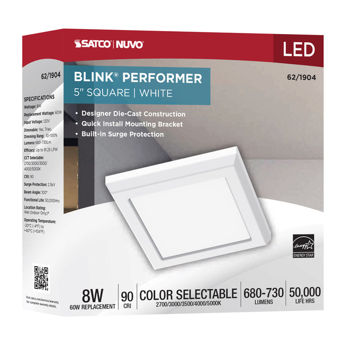 SATCO/NUVO Blink Performer - 8W LED 5 Inch Square Fixture White Finish 5 CCT Selectable (62-1904)