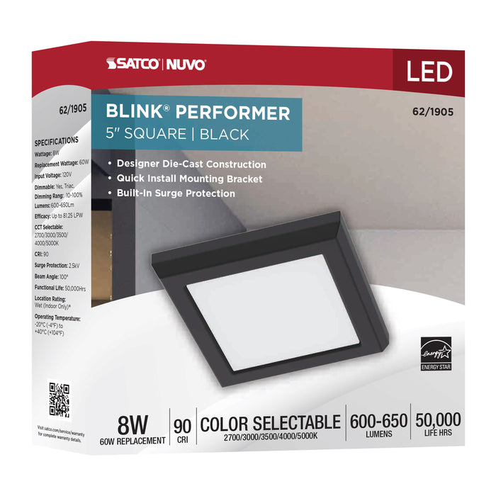 SATCO/NUVO Blink Performer - 8W LED 5 Inch Square Fixture Black Finish 5 CCT Selectable (62-1905)