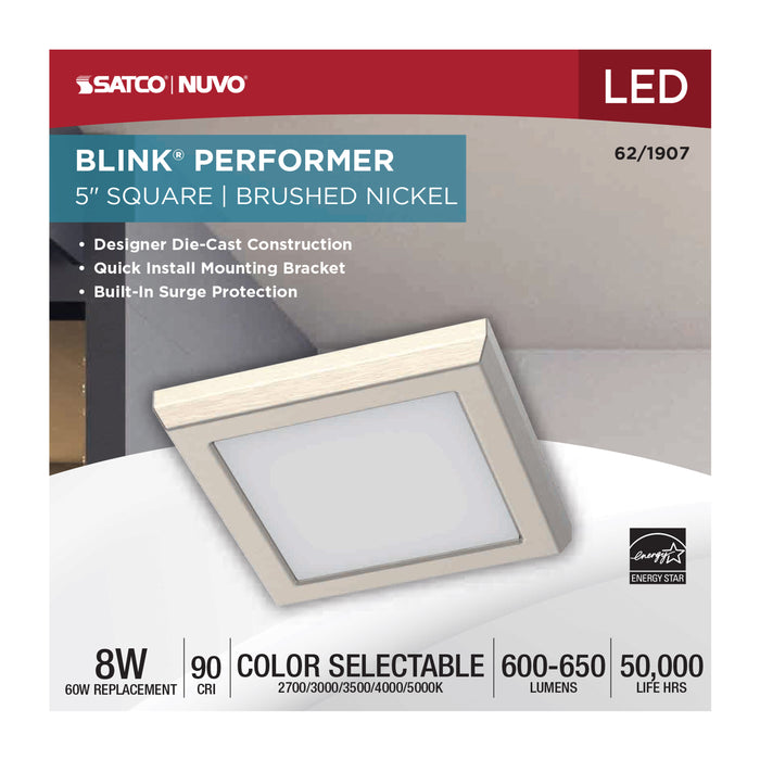 SATCO/NUVO Blink Performer - 8W LED 5 Inch Square Fixture Brushed Nickel Finish 5 CCT Selectable (62-1907)