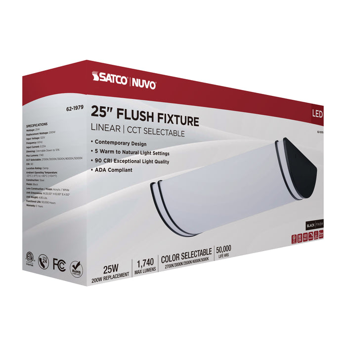 SATCO/NUVO Glamour LED 25 Inch Linear Flush Mount CCT Selectable 2700K/3000K/3500K/4000K/5000K Black Finish (62-1979)