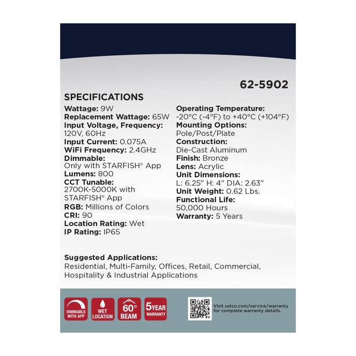 SATCO/NUVO 9W LED Landscape Floodlight RGB And 2700K-5000K Tunable White PAR20 Bronze (62-5902)