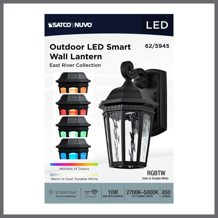 SATCO/NUVO East River Collection 1-Light Outdoor Small Wall Fixture LED Smart - Starfish RGBTW CCT Selectable Matte Black Clear Water Glass (62-5945)