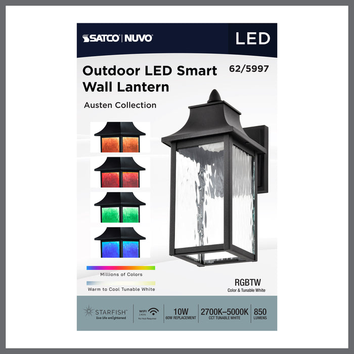 SATCO/NUVO Austen Collection 1-Light Outdoor Small Wall Fixture LED Smart - Starfish RGBTW CCT Selectable Matte Black Clear Water Glass (62-5997)