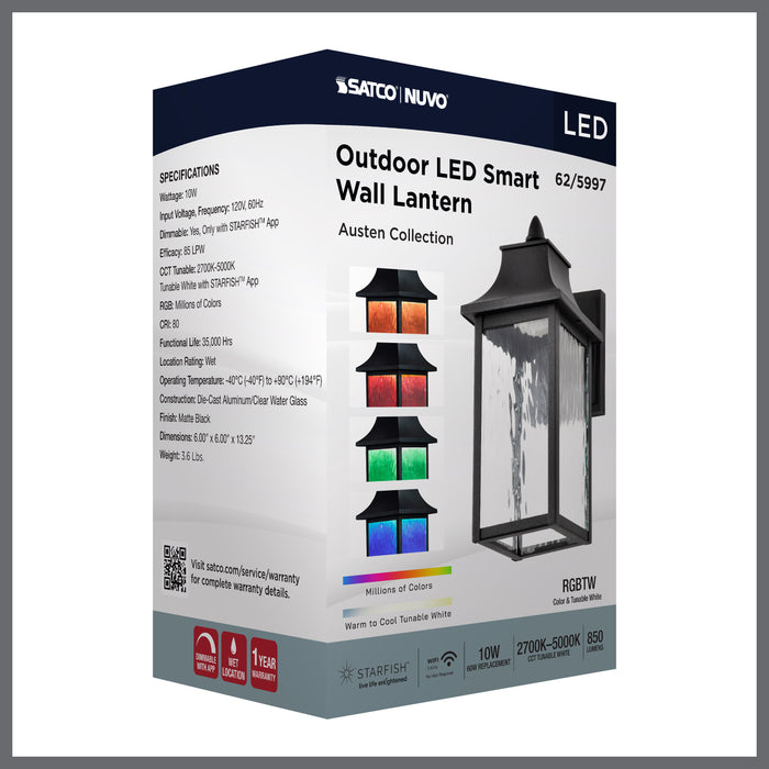 SATCO/NUVO Austen Collection 1-Light Outdoor Small Wall Fixture LED Smart - Starfish RGBTW CCT Selectable Matte Black Clear Water Glass (62-5997)