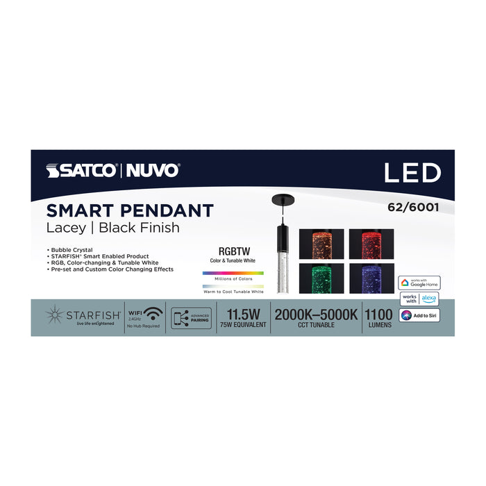 SATCO/NUVO Lacey 2 Inch LED Mini Pendant RGB/Tunable White Starfish Enabled Matte Black With K9 Bubble Crystal (62-6001)