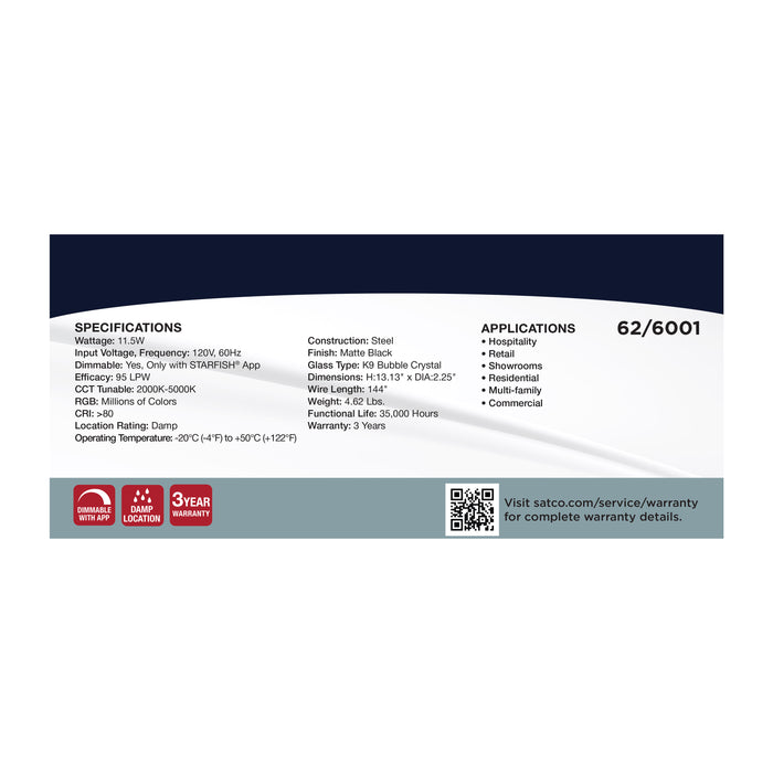 SATCO/NUVO Lacey 2 Inch LED Mini Pendant RGB/Tunable White Starfish Enabled Matte Black With K9 Bubble Crystal (62-6001)