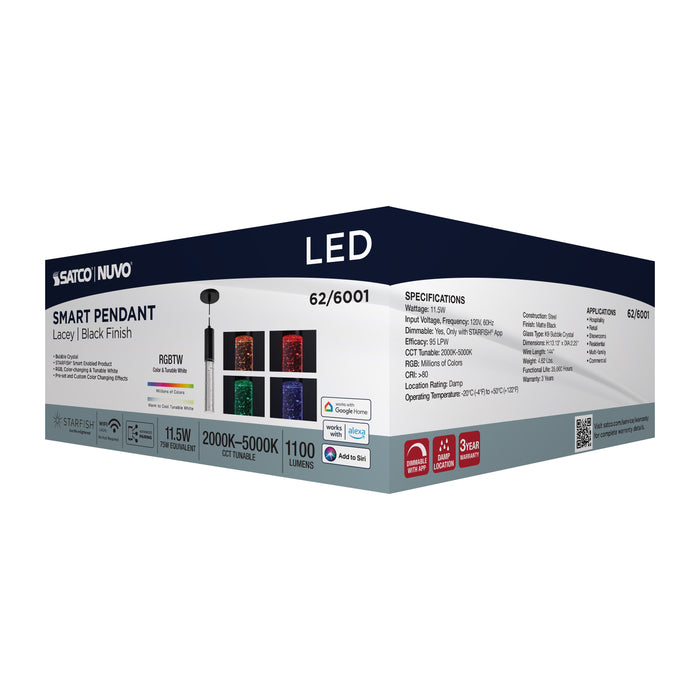 SATCO/NUVO Lacey 2 Inch LED Mini Pendant RGB/Tunable White Starfish Enabled Matte Black With K9 Bubble Crystal (62-6001)
