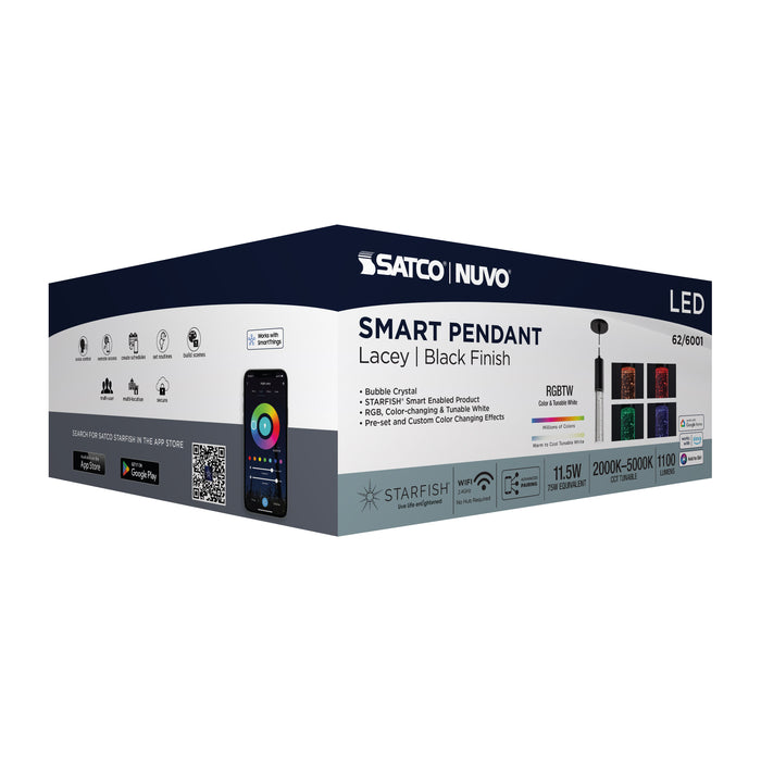 SATCO/NUVO Lacey 2 Inch LED Mini Pendant RGB/Tunable White Starfish Enabled Matte Black With K9 Bubble Crystal (62-6001)