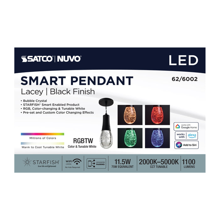 SATCO/NUVO Lacey 4 Inch LED Pendant RGB/Tunable White Starfish Enabled Matte Black With K9 Bubble Crystal (62-6002)
