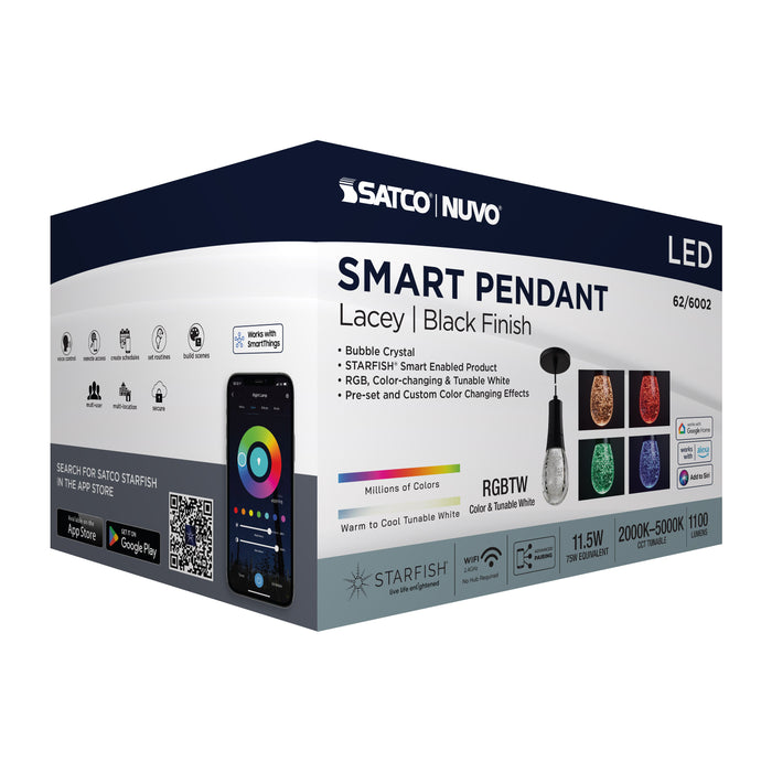 SATCO/NUVO Lacey 4 Inch LED Pendant RGB/Tunable White Starfish Enabled Matte Black With K9 Bubble Crystal (62-6002)