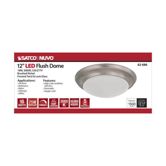 SATCO/NUVO 18W Flush Mount Twist And Lock Fixture LED 12 Inch Brushed Nickel Finish Frosted Glass 1500Lm 3000K 90 CRI (62-686)