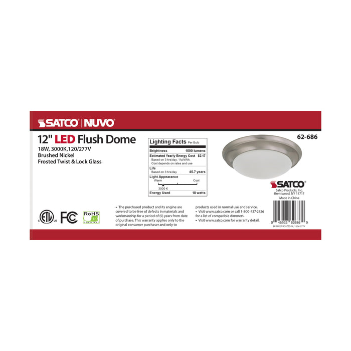 SATCO/NUVO 18W Flush Mount Twist And Lock Fixture LED 12 Inch Brushed Nickel Finish Frosted Glass 1500Lm 3000K 90 CRI (62-686)